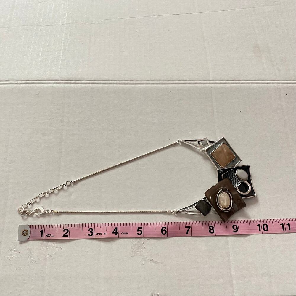 Chunky Statement Bib Necklace Brown Grey Silver Geometric Resin 17-20" Art Boho - Picture 11 of 14